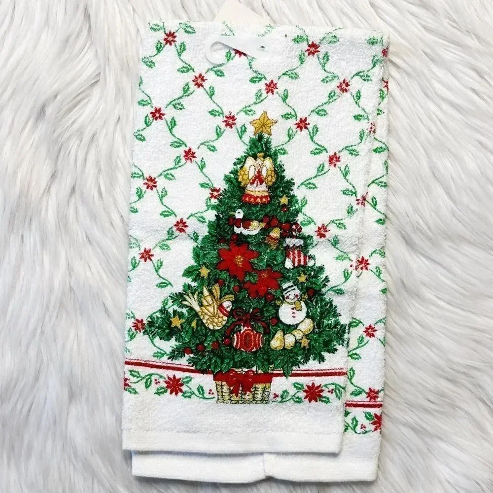 Happy Holidays Christmas Tree Kitchen Tea Towel White and Green